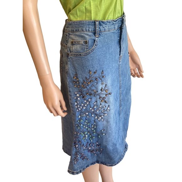 Mango Vintage Bead Applique Jean Skirt 33x25 5 pockets Cotton Stretch Medium - Picture 4 of 17